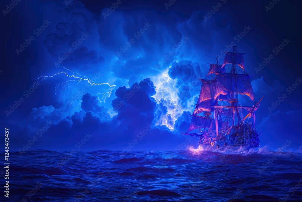 Fototapeta premium A dramatic, stormy scene featuring a glowing ship amidst turbulent waves and dark clouds illuminated by lightning.