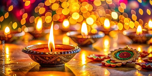 Happy Diwali Festival: Golden Background with Animated Oil Lamps photo