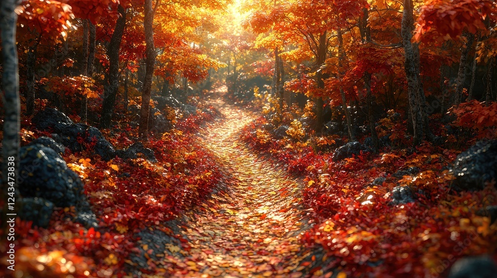 Autumn Path Through a Vibrant Forest of Red and Gold Leaves Autumn Path Through a Vibrant Forest of Red and Gold Leaves