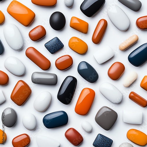 A vibrant spread of assorted colorful capsules and pills arranged artistically, showcasing various shapes and tones, perfect for health and wellness themes or pharmaceutical contex photo