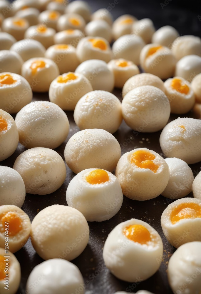 White mochi balls with golden salted egg yolk centers, authentic, party food, delicacy, appetizer White mochi balls with golden salted egg yolk centers, authentic, party food, delicacy, appetizer