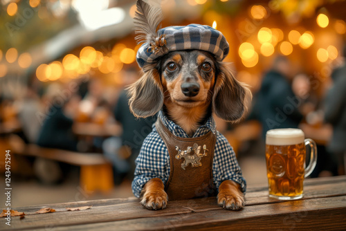 Adorable dachshund dressed in lederhosen at an Oktoberfest beer garden, festive setting photo