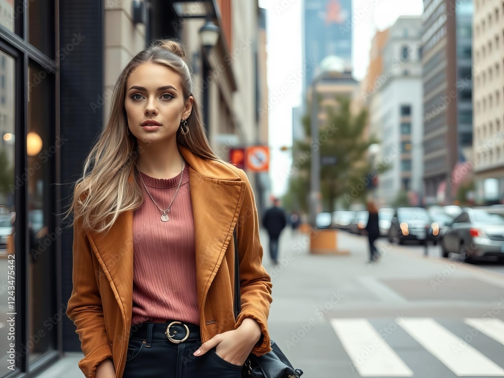 Obraz premium Fashionable young woman posing with city skyline in the background, lifestyle, model, downtown