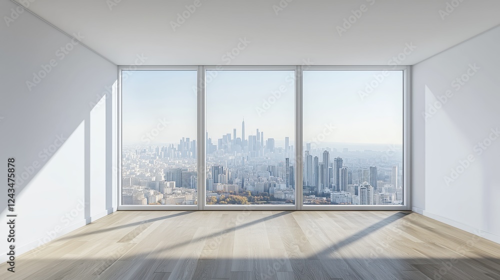 Fototapeta premium Modern high-rise skyline view through a large window. Empty interior with a white wall, perfect for interior design mockups, real estate marketing, or urban lifestyle concepts. Bright daylight