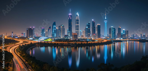 A stunning night view of Raipur, where sleek skyscrapers and well-lit highways create a futuristic skyline. The reflection of neon city lights shimmers on the calm waters of Telibandha Lake. photo