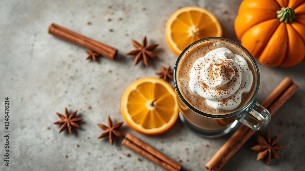 Pumpkin latte cocktail with cinnamon, nutmeg, and whipped cream on an orange background, top view, nutmeg, copy space, cinnamon Pumpkin latte cocktail with cinnamon, nutmeg, and whipped cream on an orange background, top view, nutmeg, copy space, cinnamon