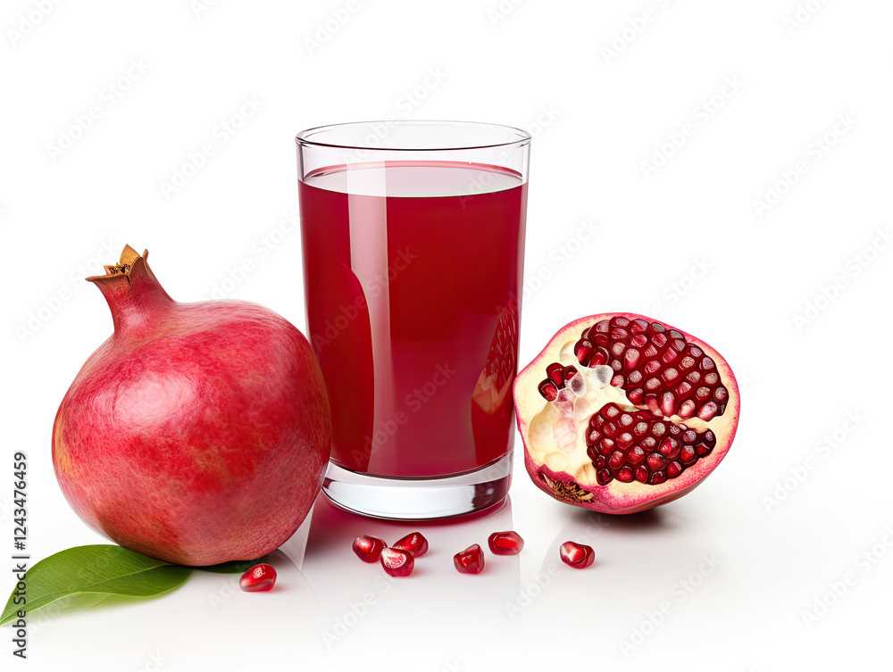 A glass of pomegranate juice with whole fruit and seeds on a white background A glass of pomegranate juice with whole fruit and seeds on a white background