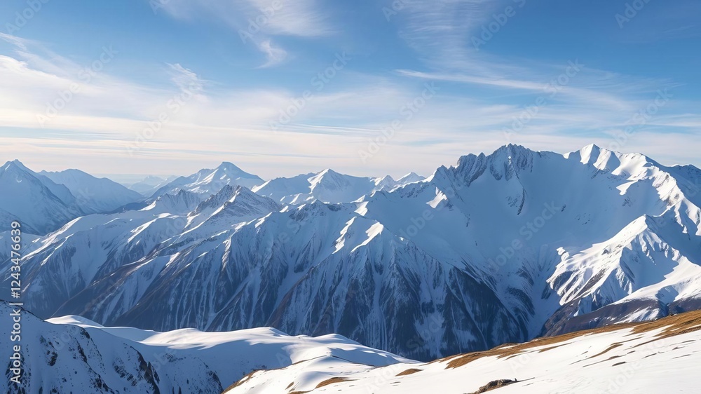 Obraz premium Snow covered mountain peaks in the Caucasus region showcasing breathtaking beauty and serenity, wilderness, snowcapped, mountain