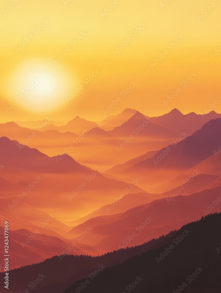 Obraz premium Golden Sunset Over Hazy Mountain Ranges