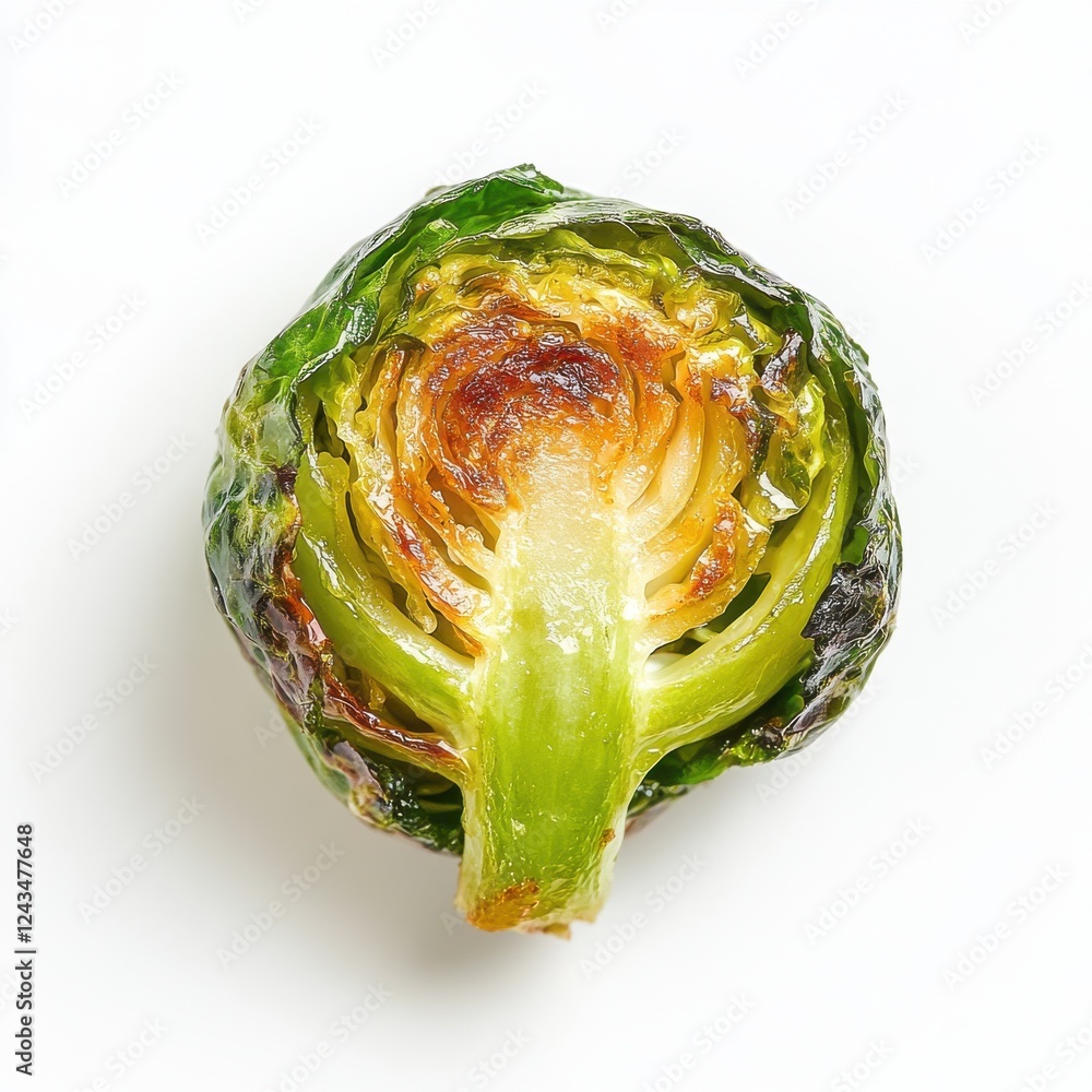 Obraz premium Crispy roasted Brussels sprout with golden edges showcasing vibrant green interior