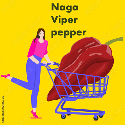 A woman holds cart with Naga Viper peppers.  Chili peppers. Isolated vector illustration.