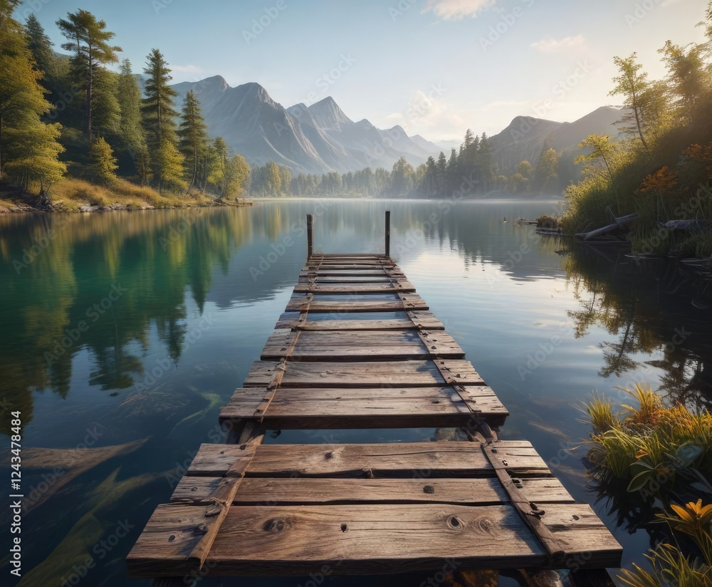 Fototapeta premium Wooden ladder on a weathered dock in a serene lake environment , sun, natural