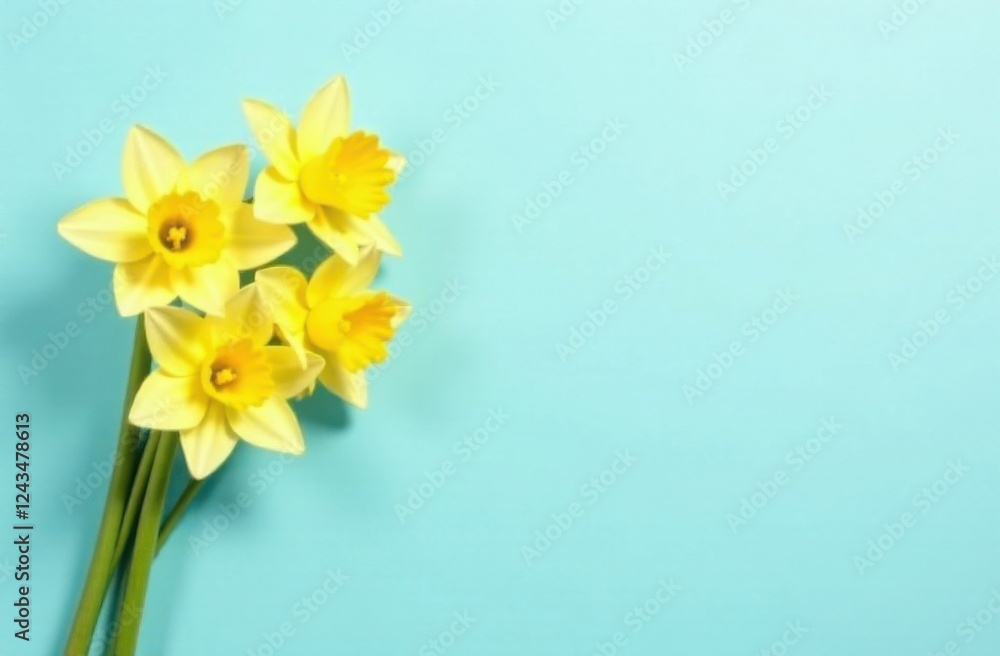 Yellow daffodils on blue background with space for text, card template Yellow daffodils on blue background with space for text, card template