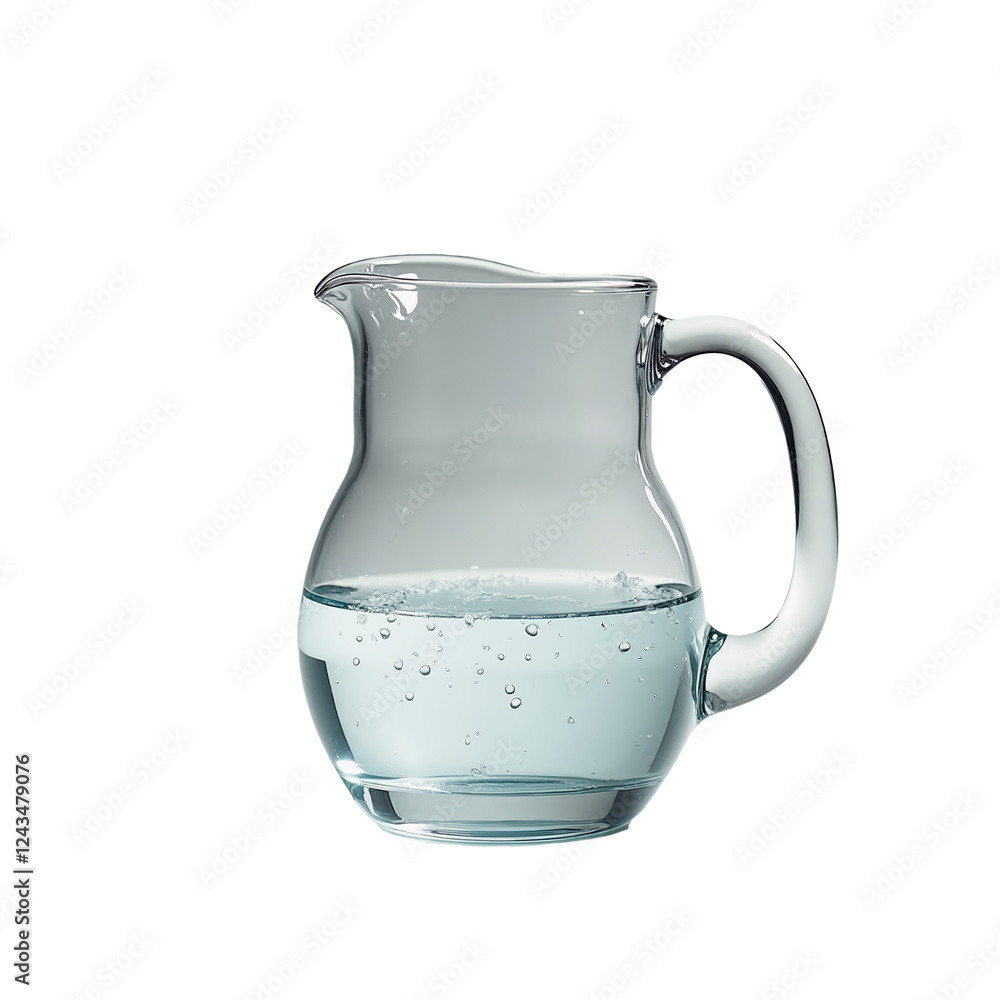 Elegant clear glass pitcher filled with fresh water showcasing bubbles on isolated white background Elegant clear glass pitcher filled with fresh water showcasing bubbles on isolated white background
