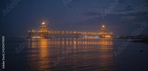 A breathtaking nightscape of Rameswaram, where the Pamban Bridge stretches across the dark waters, illuminated with golden lights. The reflection of the bridge on the sea creates a mesmerizing visual. photo