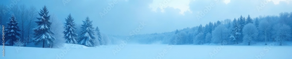 Fototapeta premium Frosty blue mist floats above snow-covered trees, bluish hue, snowy woods, frosted landscape
