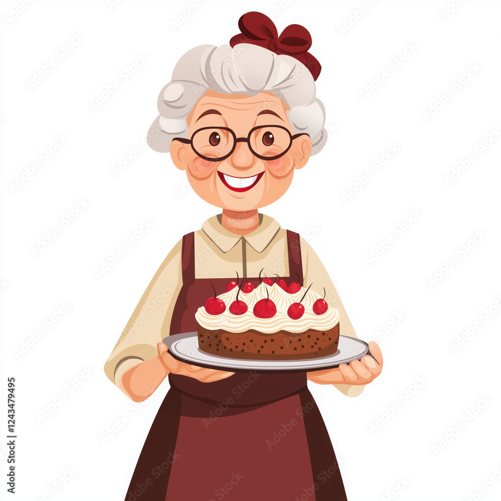 Cheerful grandmother cartoon character holding a delicious cake On a white background Vector illustration Cheerful grandmother cartoon character holding a delicious cake On a white background Vector illustration