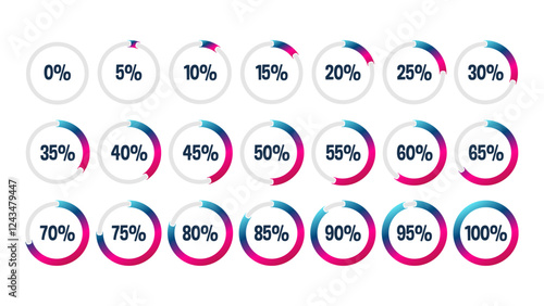 5 10 15 20 25 30 35 40 45 50 55 60 65 70 75 80 85 90 95 100 percent isolated pie chart. Vector infographic icon set for business, finance, web design, download, progress photo