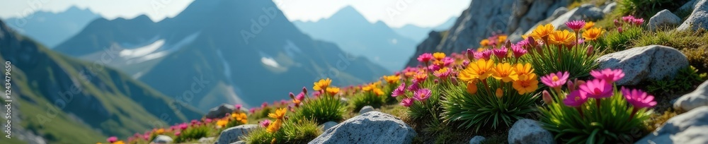 Obraz premium Rare alpine flowers in the rocky crevices of a mountain, geology, rocks