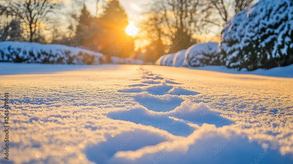 Sunset Footprints in Snowy Garden Path Sunset Footprints in Snowy Garden Path