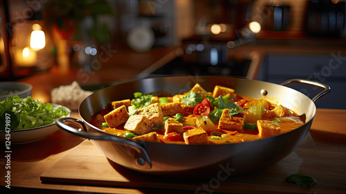 Warm and inviting tofu and vegetable curry in rustic kitchen setting