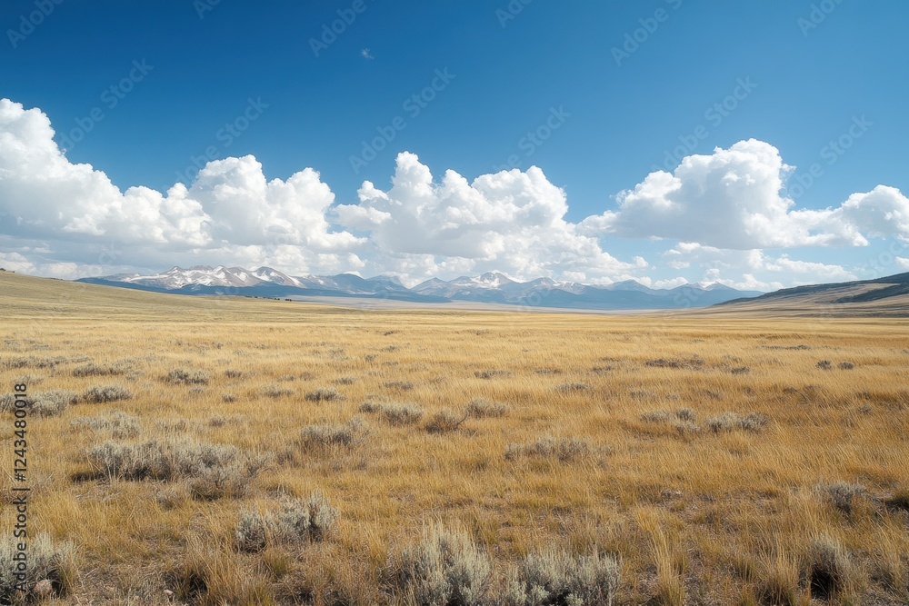Expansive Golden Grassland Under Blue Sky and Fluffy White Clouds Expansive Golden Grassland Under Blue Sky and Fluffy White Clouds