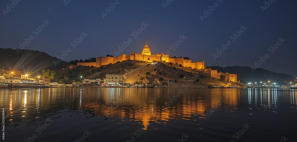 A peaceful night view of Maheshwar, where the Narmada Ghat is illuminated with glowing temple lights. The historic fort stands tall, reflecting beautifully on the calm waters of the river. A peaceful night view of Maheshwar, where the Narmada Ghat is illuminated with glowing temple lights. The historic fort stands tall, reflecting beautifully on the calm waters of the river.