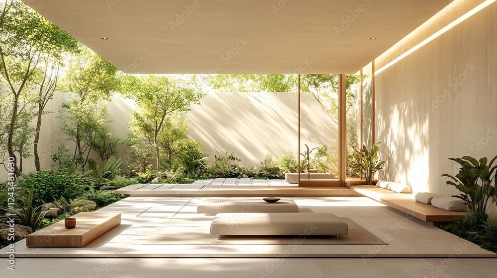 Fototapeta premium Lush Modern Garden Featuring Expansive Stone Bench Surrounded by Vibrant Greenery and Colorful Flowerbeds Creating a Tranquil Outdoor Space for Relaxation and Enjoyment of Nature