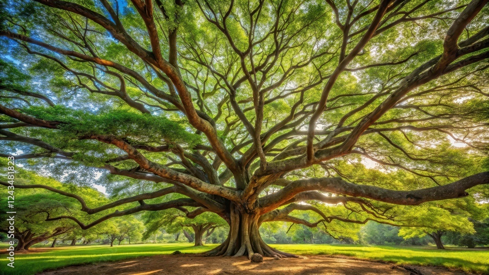 Fototapeta premium Ancient majestic tree with delicate branches stretching towards the sky amidst lush green foliage, arboreal, landscape