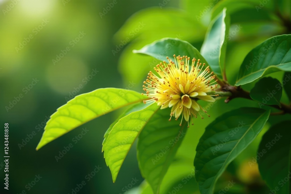 Agrostophyllum inflorescence on tree branch with green leaves, plant life, flowers, garden Agrostophyllum inflorescence on tree branch with green leaves, plant life, flowers, garden
