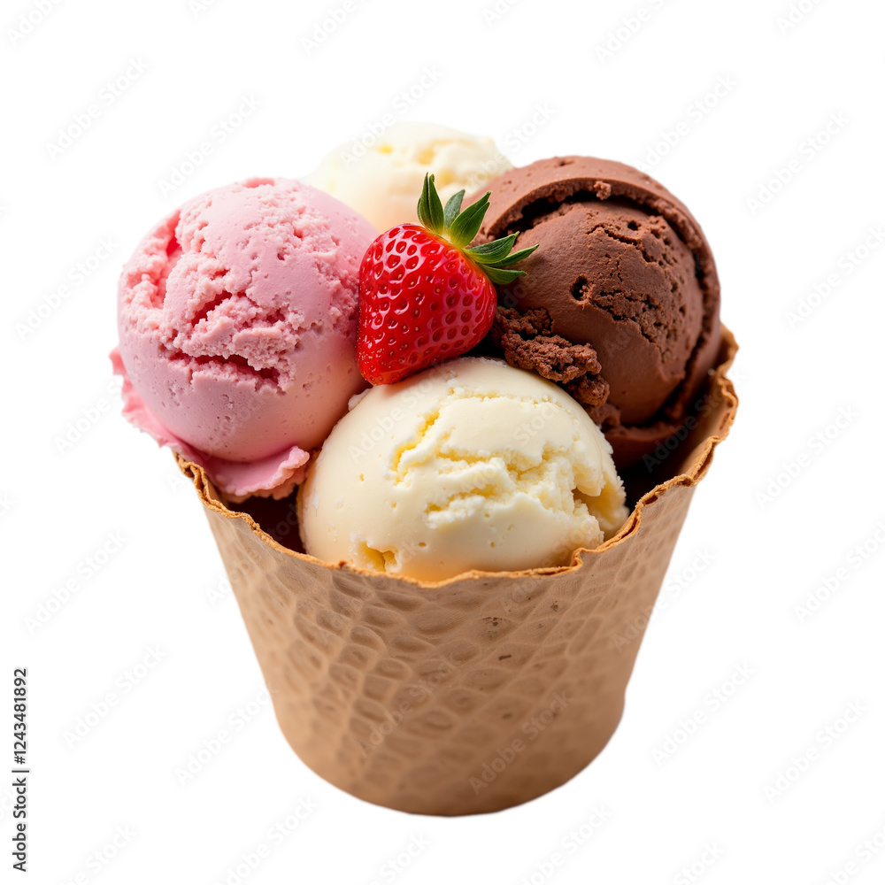 Delicious ice cream served in a waffle cone cup with strawberry, vanilla, chocolate, and pink raspberry flavors on a white background Delicious ice cream served in a waffle cone cup with strawberry, vanilla, chocolate, and pink raspberry flavors on a white background