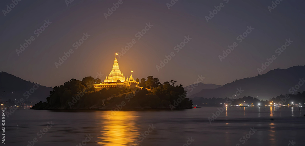 A peaceful nightscape of Jorhat, where a monastery on Majuli Island glows softly in golden light. The Brahmaputra River reflects the temple’s glow, adding to the spiritual charm of the sacred land. A peaceful nightscape of Jorhat, where a monastery on Majuli Island glows softly in golden light. The Brahmaputra River reflects the temple’s glow, adding to the spiritual charm of the sacred land.