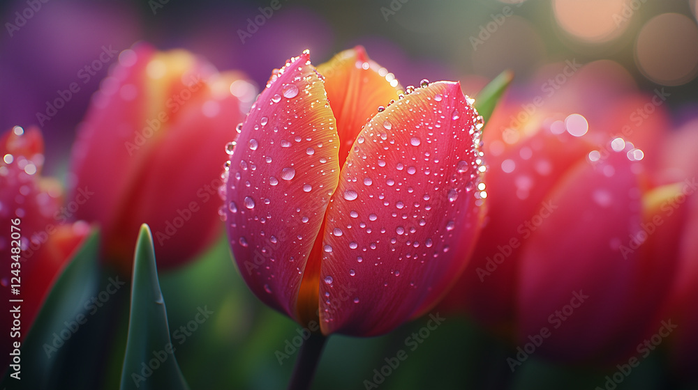 Naklejka premium A stunning arrangement of tulips with droplets, showcasing rich hues and a dreamy background of blurred flowers in soft light