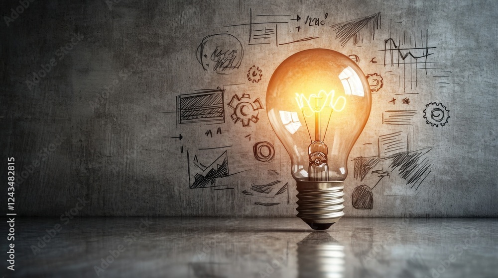 Glowing light bulb illuminating creative concepts on a textured wall in a workspace setting