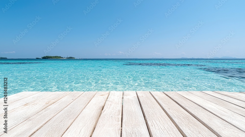 Fototapeta premium Tropical beach wooden dock, turquoise water, sunny sky, island background; summer vacation