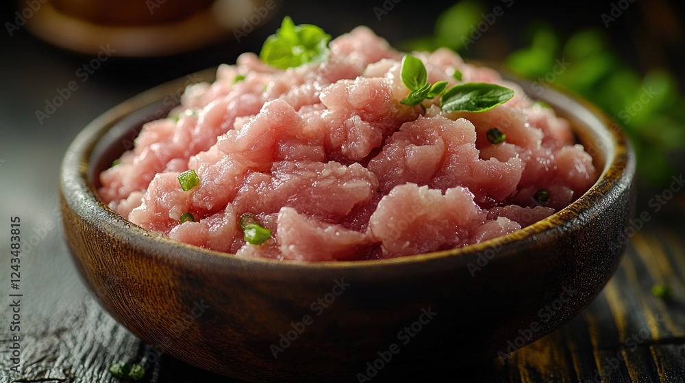 Ground meat in wooden bowl, herbs, dark background