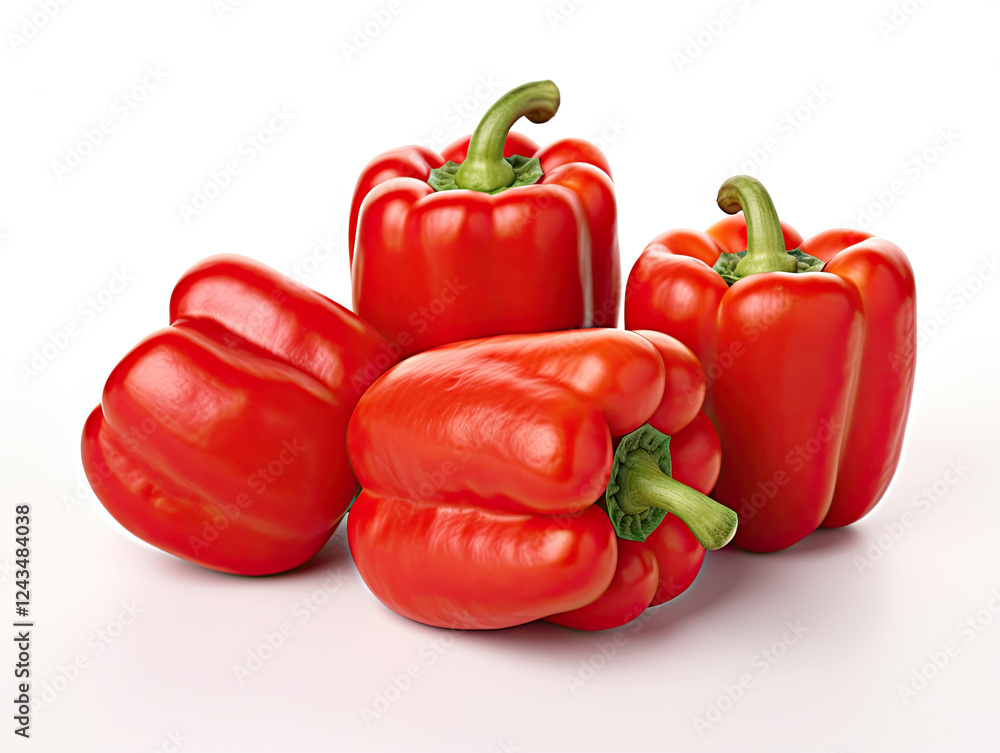 Four vibrant red bell peppers on white background Four vibrant red bell peppers on white background