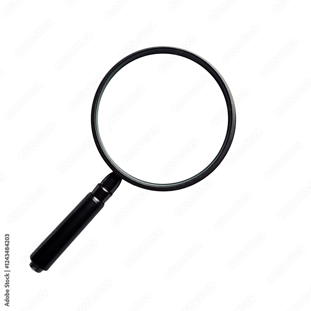Black magnifying glass with a circular lens on white background ideal for inspection and exploration in various settings