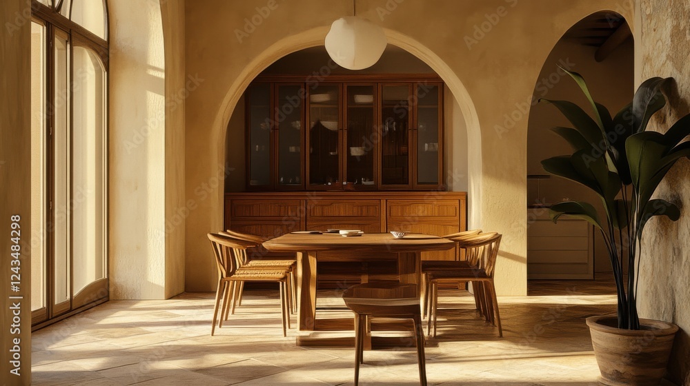 Elegant dining area with arched architecture and warm lighting, showcasing natural materials and modern design elements Elegant dining area with arched architecture and warm lighting, showcasing natural materials and modern design elements