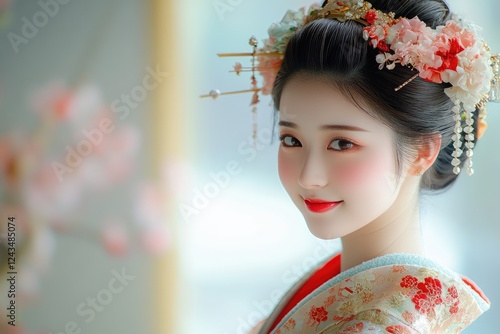 Beautiful geisha smiling and wearing traditional kimono and kanzashi hair ornaments photo