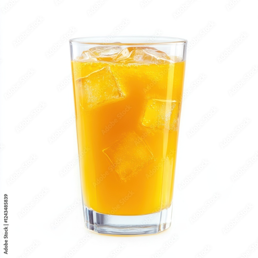Freshly squeezed orange juice with ice served in a clear glass on a sunny day in a bright kitchen Freshly squeezed orange juice with ice served in a clear glass on a sunny day in a bright kitchen