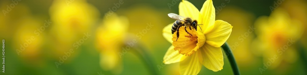 A bee collects nectar from a blooming daffodil, Summer, Nectar, Nature A bee collects nectar from a blooming daffodil, Summer, Nectar, Nature