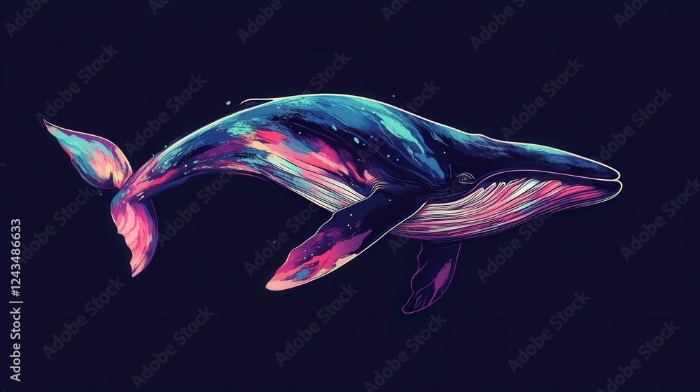 Obraz premium Majestic Blue Whale Swimming in Cosmic Colors in Dark Ocean