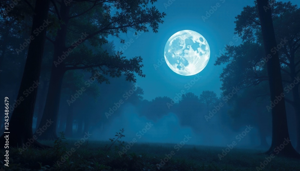 Fototapeta premium A full moon casts an ethereal glow on a misty forest, night, full moon