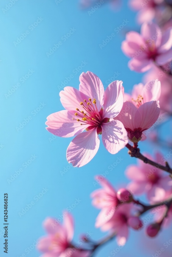 Fototapeta premium A sakura flower in full bloom against a blue sky, nature, blossom color, flowers