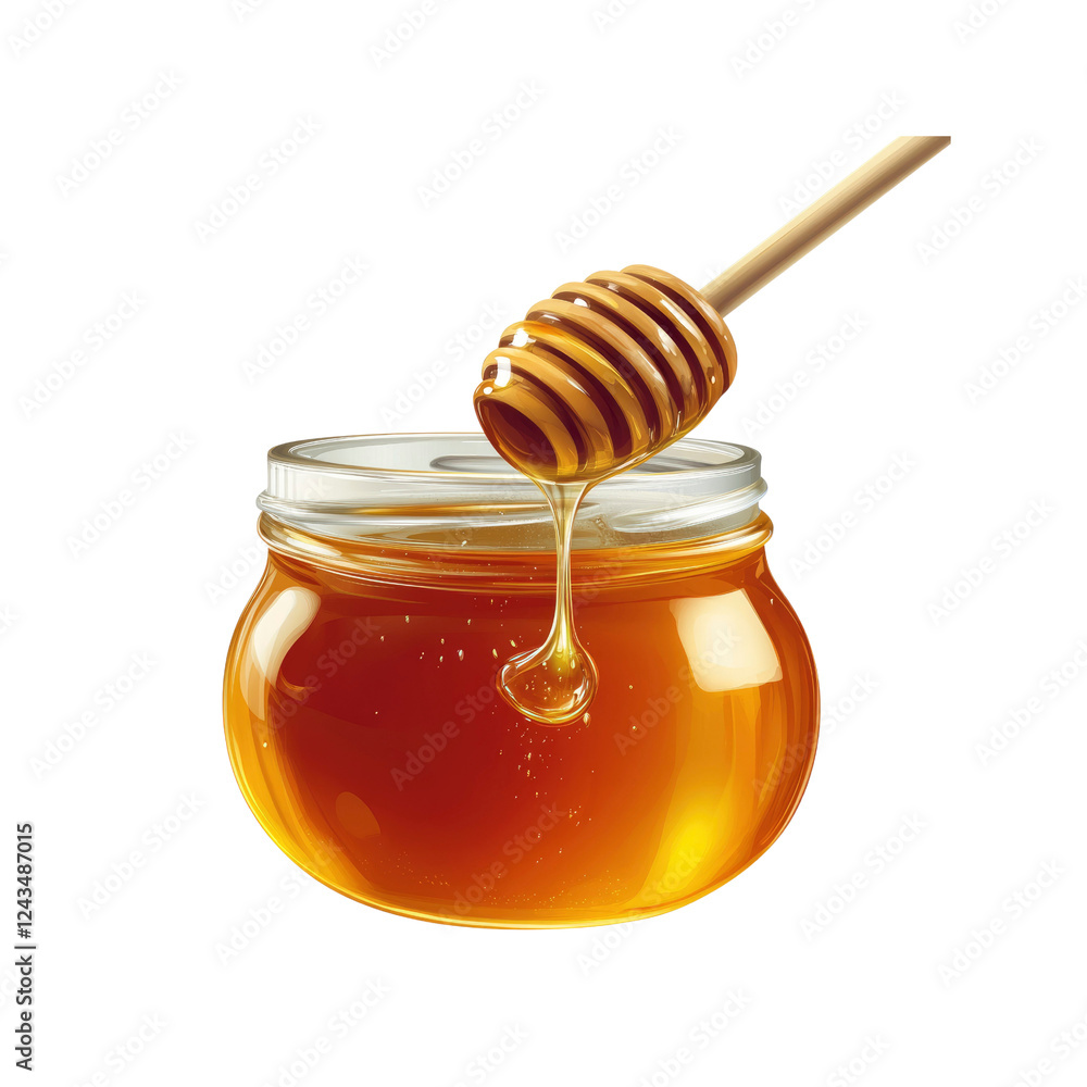 Golden Honey Dripping from Wooden Dipper into Glass Jar Golden Honey Dripping from Wooden Dipper into Glass Jar