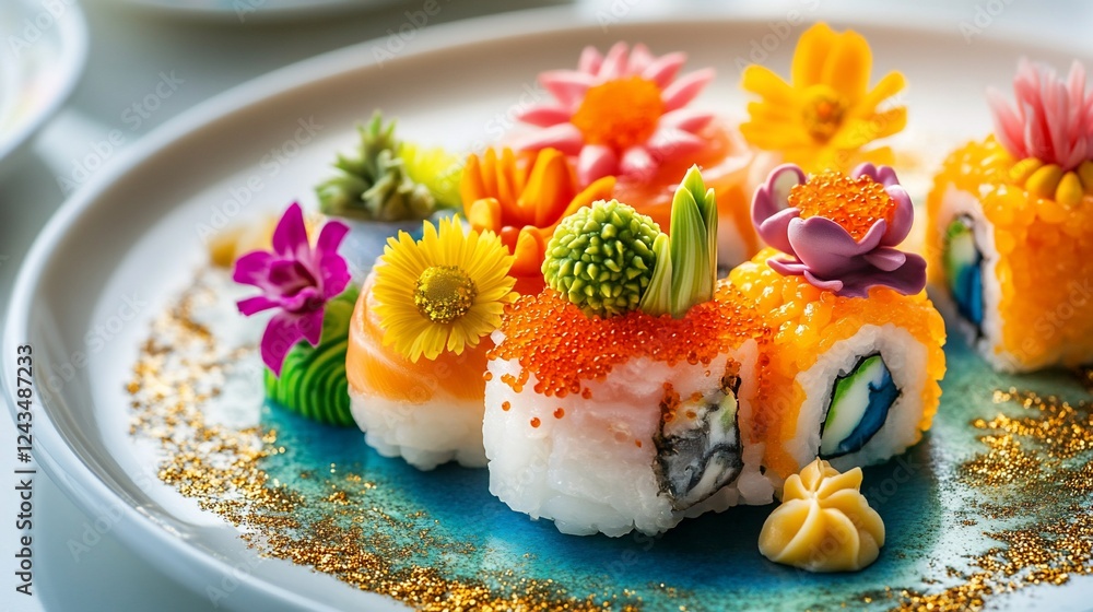 Gourmet sushi, floral garnish, restaurant plate, close-up Gourmet sushi, floral garnish, restaurant plate, close-up