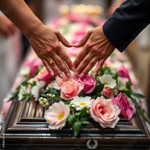 selective focus of hands over a coffin decorated with flowers during a funeral celebration photo