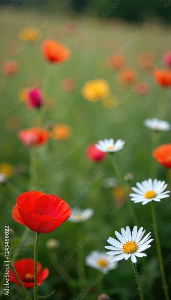 Fototapeta premium Daisies and poppies blooming amidst tall cornflowers, wildflowers, blooming flowers