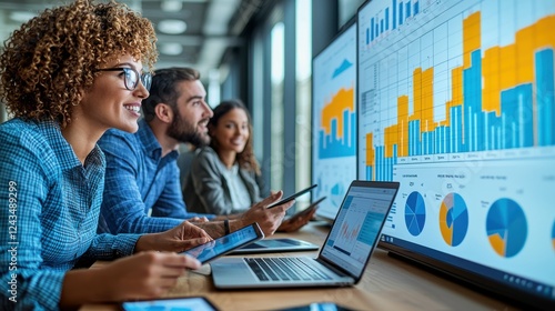 Business team from diverse backgrounds analyzing financial and marketing reports with charts and graphs in a boardroom, working with laptops and digital tablets on the table.